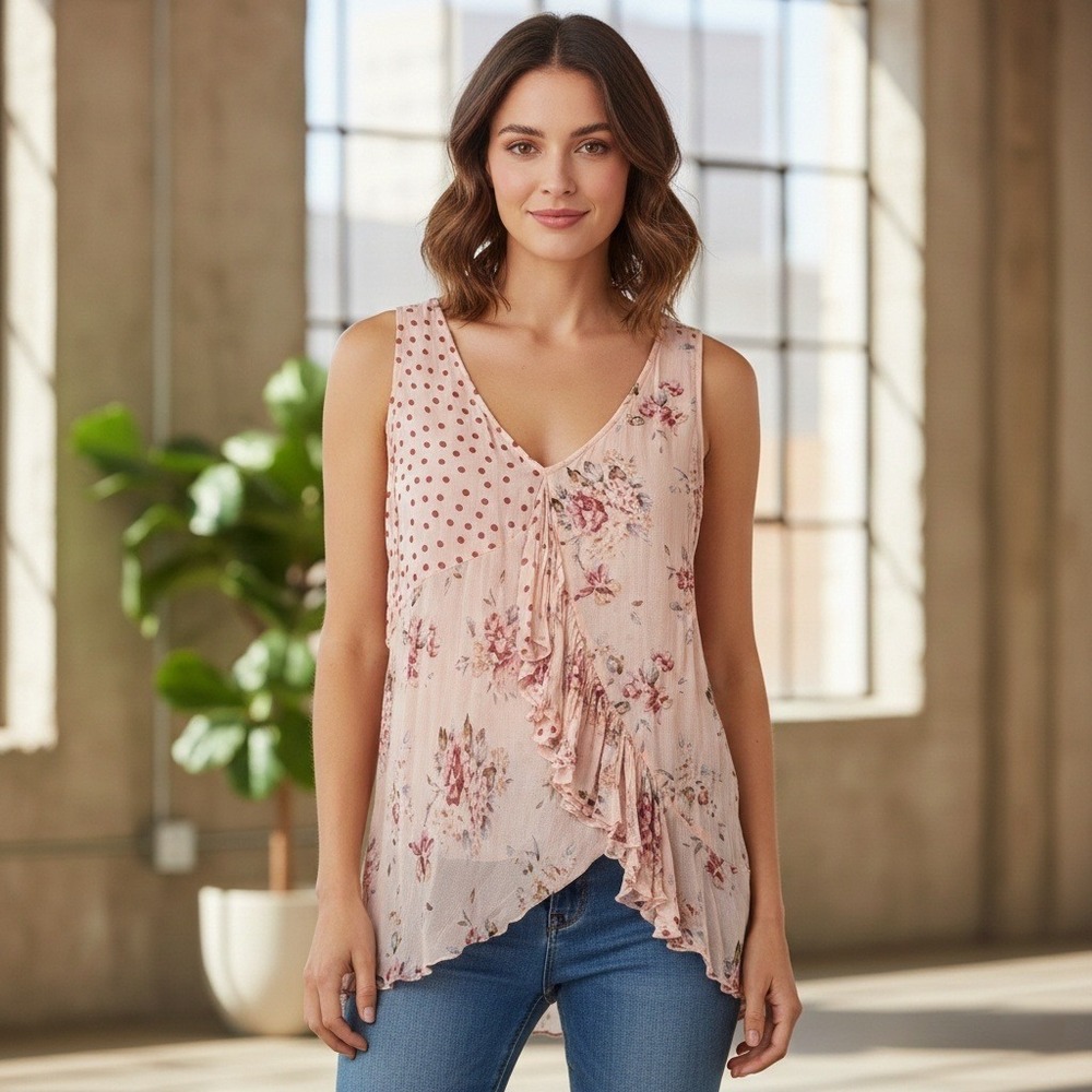 Together Blouse Women's‎ 18 Peach Floral Polka Dot Semi Sheer Ruffle Sleeveless